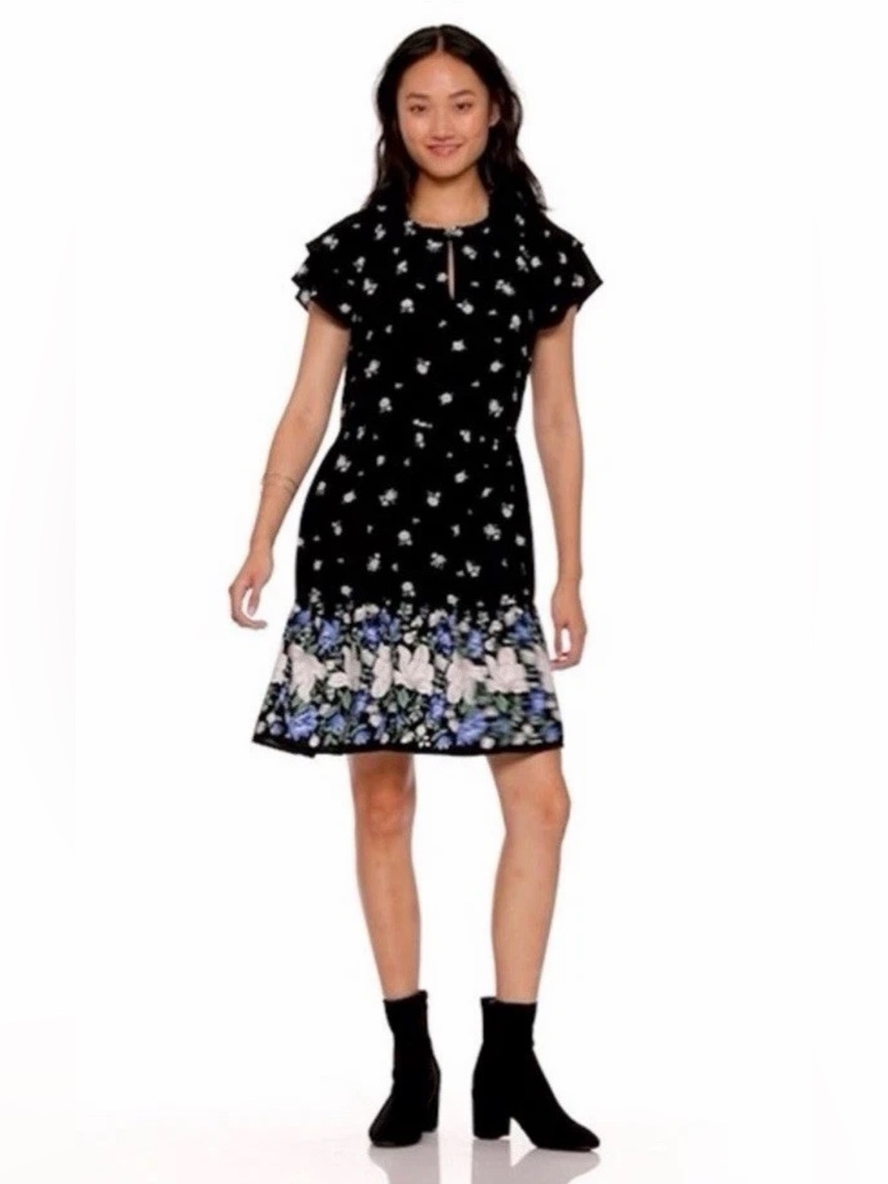 NWT Old Navy High Neck Ruffle Trim Swing Dress Women’s Size XXL Black Floral
